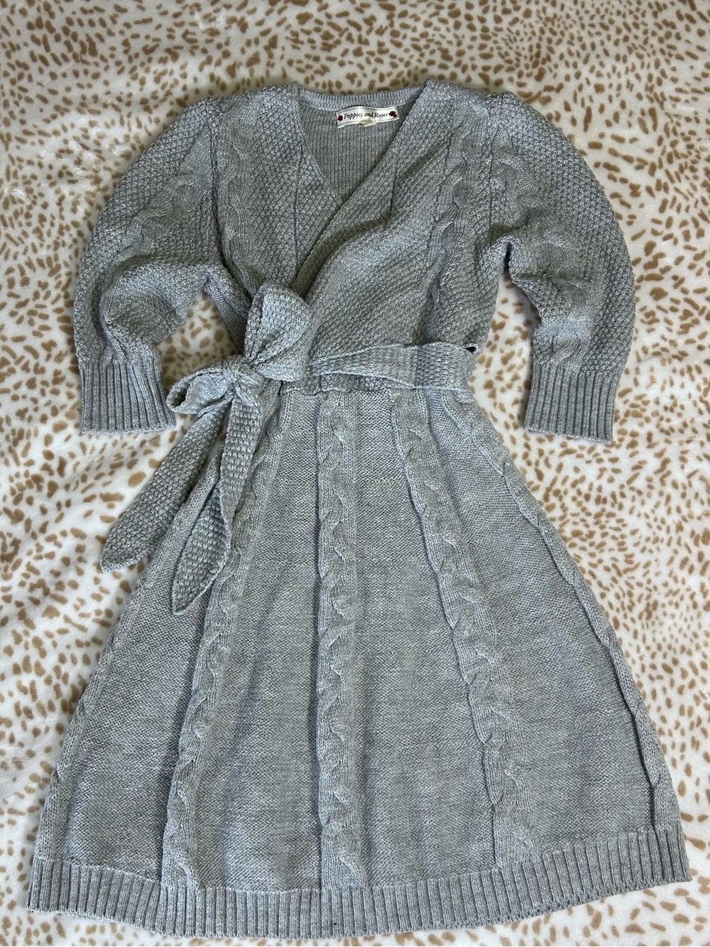 Boutique Cable Knit Wrap Sweater Dress in Light Gray